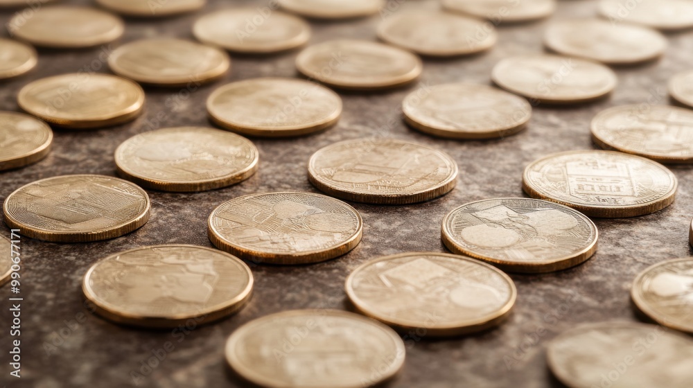 Gold coins symbolizing global currencies intricately arranged on a sleek, neutral surface representing financial exchange Gold coins symbolizing global currencies intricately arranged on a sleek, neutral surface representing financial exchange