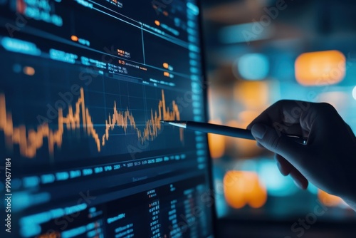 Layar komputer menampilkan grafik yang berfluktuasi, yang menunjukkan tren naik dan turun. Tangan yang memegang pensil menunjuk ke monitor, yang menunjukkan analisis langsung atau diskusi tentang tren photo