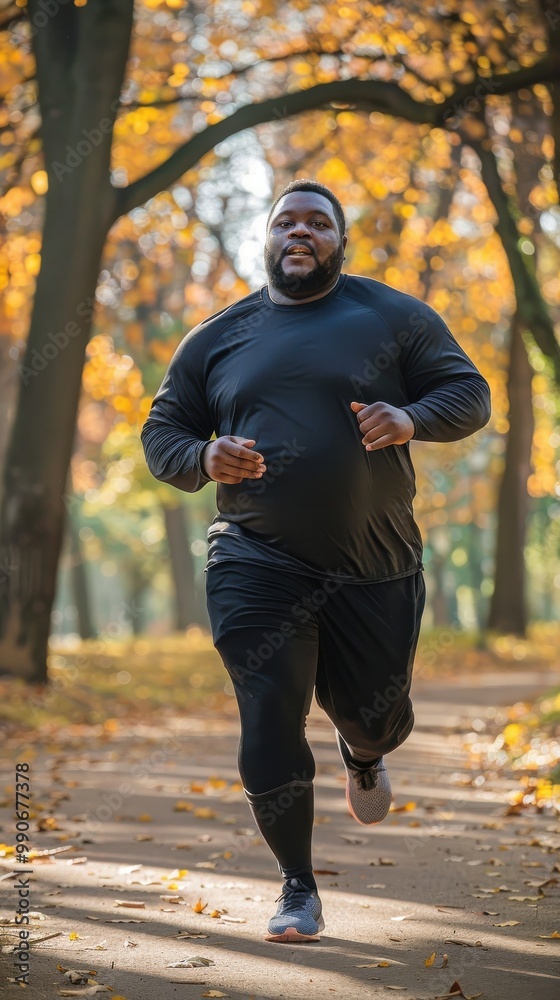 Fototapeta premium A man is running in a park with leaves on the ground