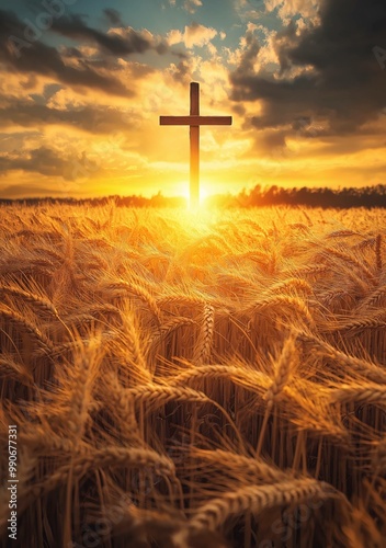 Wooden cross standing in a golden wheat field during sunset. Symbolizes faith, hope, and harvest. Perfect for spiritual themes
