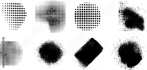 
Abstract grunge halftone dots vector shape set, texture, and grainy dots effect. Shabby vintage pointillism background