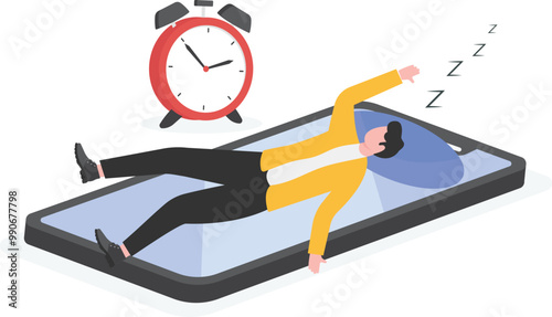Bad habits, addicted to social or online games on smartphones, businessmen lying on their smartphones and sleeping from the time they fall asleep until five in the morning

