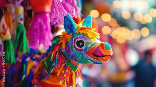 Brightly colored pinata decorated with vibrant tassels hanging amidst festive lights at a joyful celebration