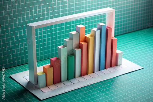 A colorful graph made of paper blocks is displayed on a green table. The graph is made up of different colored blocks, each representing a different data point