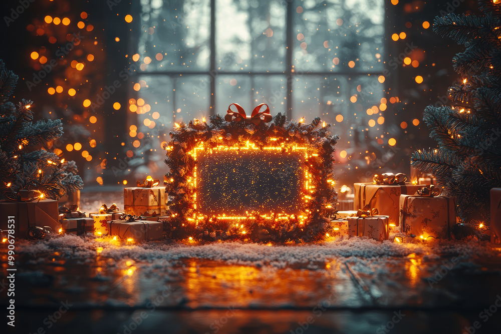 Obraz premium A modern Christmas card design with built-in LED lights and a digital screen that plays a personalized holiday message. Concept of innovative seasonal greetings.