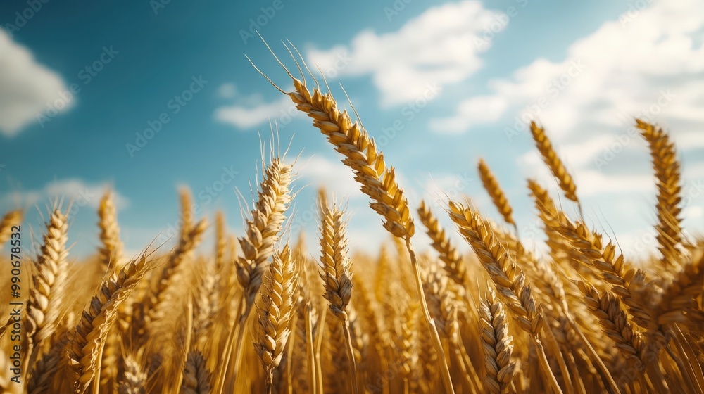 Fototapeta premium An expansive wheat field glows in shades of gold beneath a clear, blue sky dotted with fluffy white clouds, portraying the tranquil beauty of rural life.