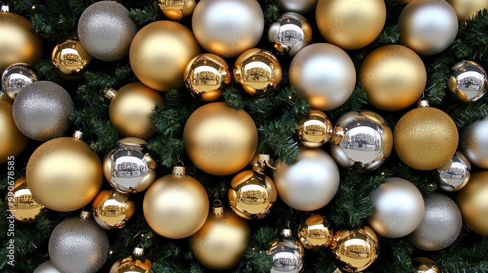 A festive Christmas tree adorned with golden ornaments in a luxurious fashion store, inviting winter shoppers to explore A festive Christmas tree adorned with golden ornaments in a luxurious fashion store, inviting winter shoppers to explore