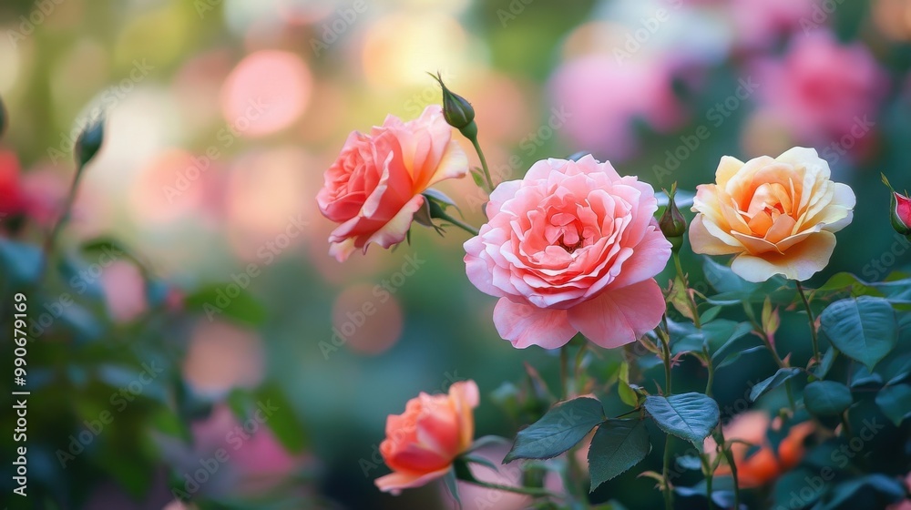 Beautiful roses blooming in a vibrant garden during the warm afternoon in early spring Beautiful roses blooming in a vibrant garden during the warm afternoon in early spring