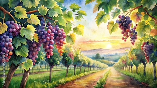 watercolor painting of colorful vineyard landscape