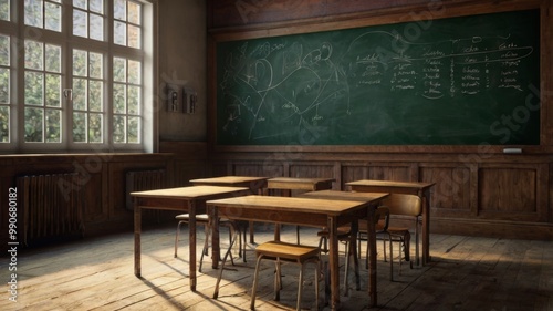 Empty tables and chairs in an old classroom bathed in warm sunlight