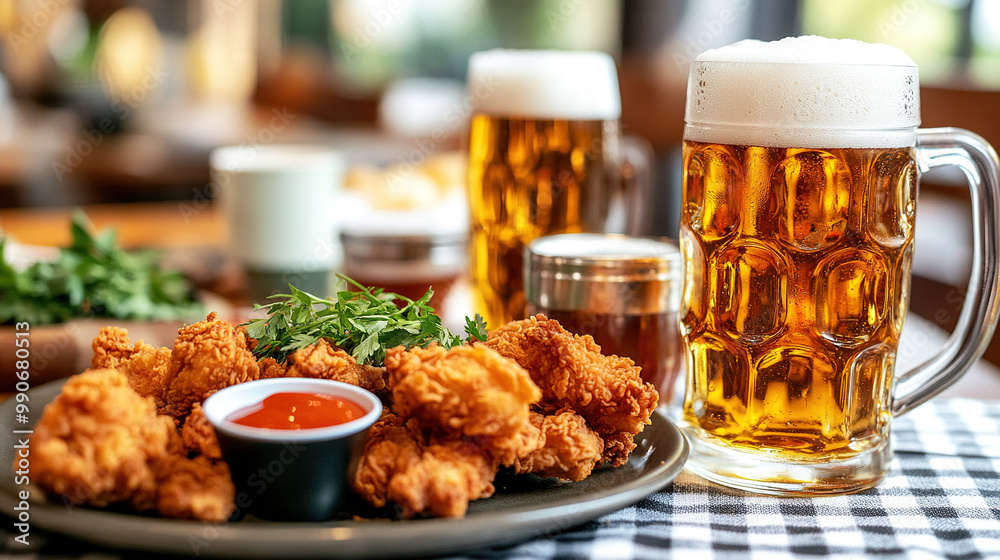 Festive table setting with beer and fried chicken, complemented by condiments, fresh herbs, and a checkered tablecloth, creating a vibrant and appetizing dining atmosphere. Festive table setting with beer and fried chicken, complemented by condiments, fresh herbs, and a checkered tablecloth, creating a vibrant and appetizing dining atmosphere.