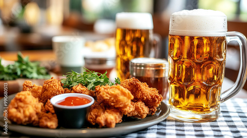 Festive table setting with beer and fried chicken, complemented by condiments, fresh herbs, and a checkered tablecloth, creating a vibrant and appetizing dining atmosphere.