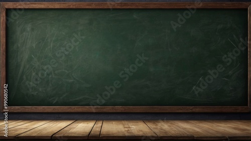 Blank green chalkboard with traces of chalk and wooden table for background