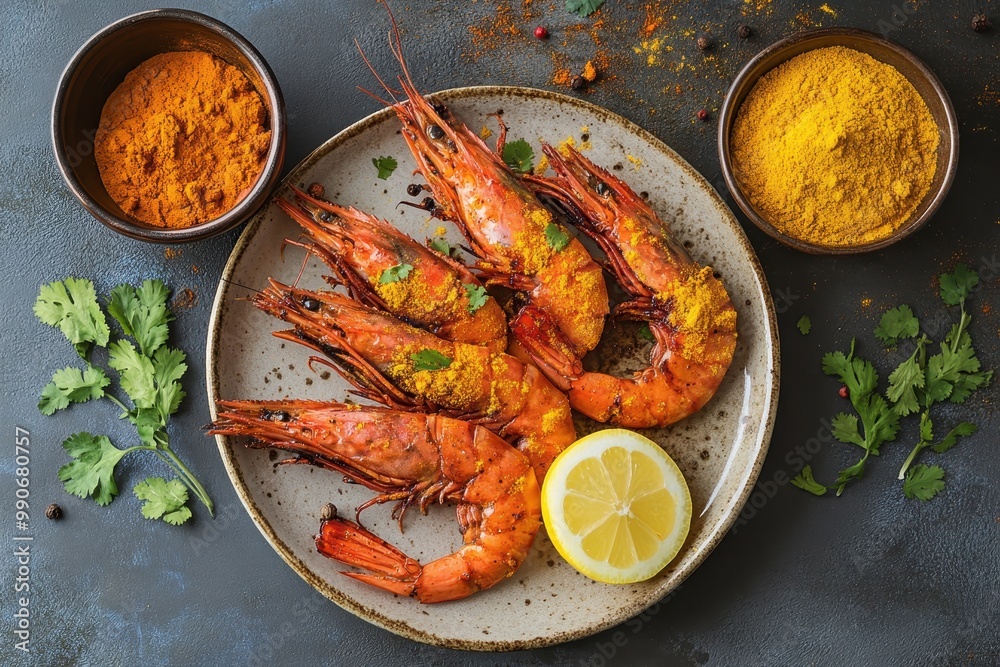 Overhead view of a lemon mustard battered prawns and two bowls of turmeric and curry spices Overhead view of a lemon mustard battered prawns and two bowls of turmeric and curry spices