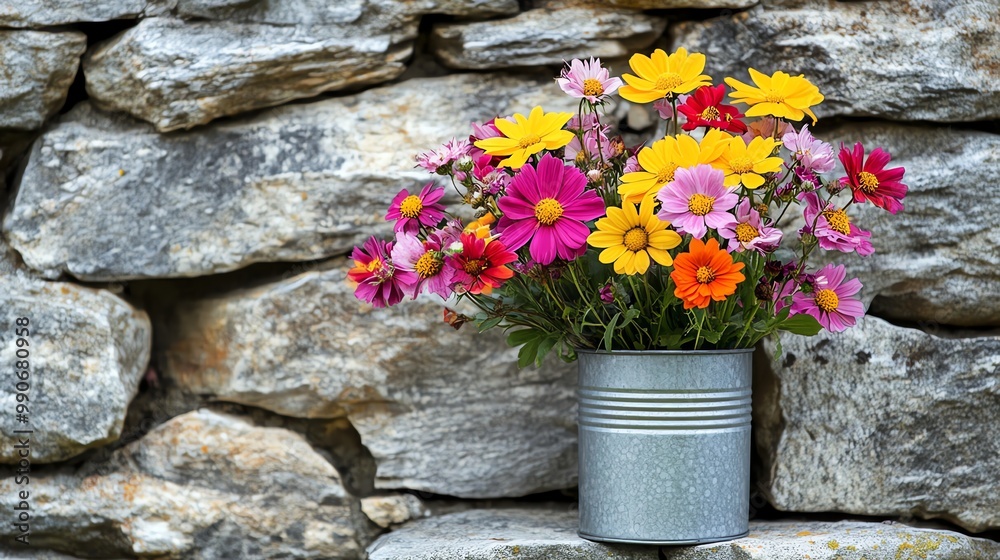 A colorful bouquet of flowers in a tin can. A colorful bouquet of flowers in a tin can.