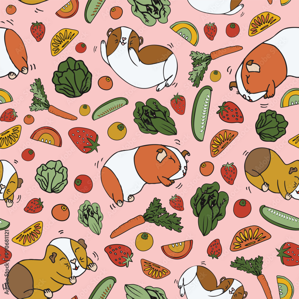 happy popcorning guinea pigs in veggie patch on pink background seamless pattern