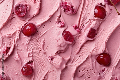 overhead view of homemade red cherry ice cream consistency