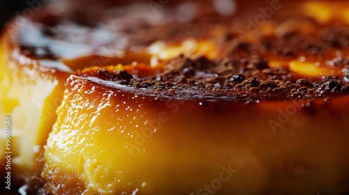 Deliciously caramelized dessert featuring a creamy custard base with a rich golden hue, captured in warm lighting photo