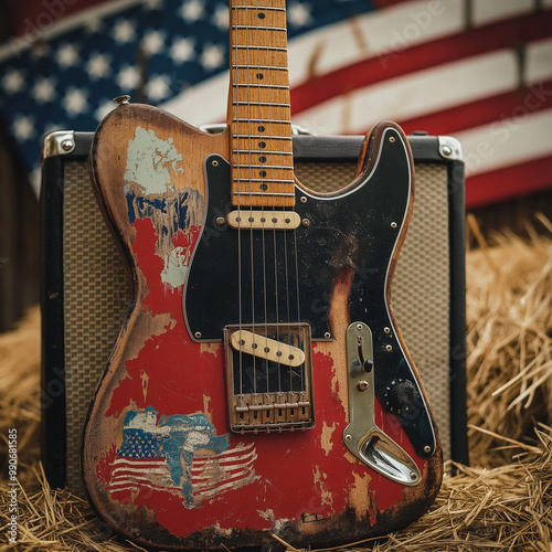 Vintage electric guitar with American flag design, rustic patriotic setting