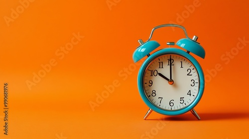 An alarm clock with a blue face on an orange background.