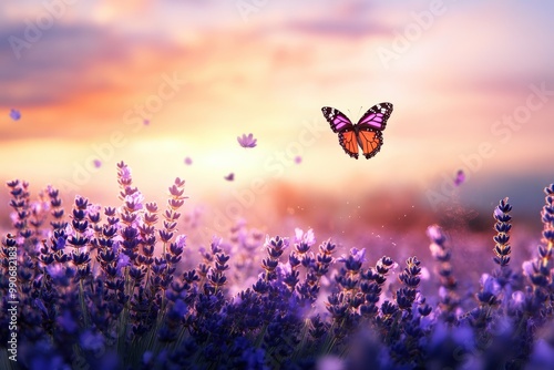 Panoramic spring morning scene with lavender blooms and butterflies