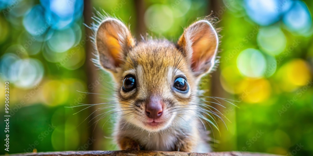 Obraz premium A tiny fawn takes a step closer, its large ears perked up and its curious gaze fixed on