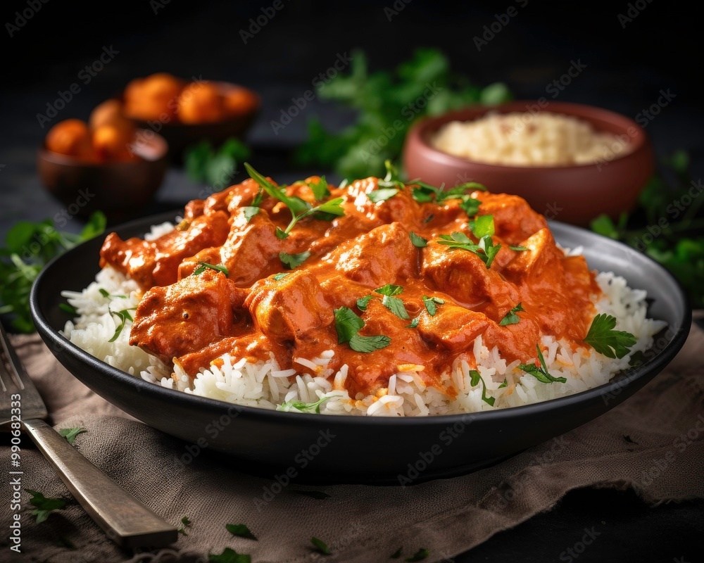 Chicken tikka masala with rice, a popular Indian dish, perfect for menus, recipe blogs, food related websites, and cultural presentations. Generative AI Chicken tikka masala with rice, a popular Indian dish, perfect for menus, recipe blogs, food related websites, and cultural presentations. Generative AI