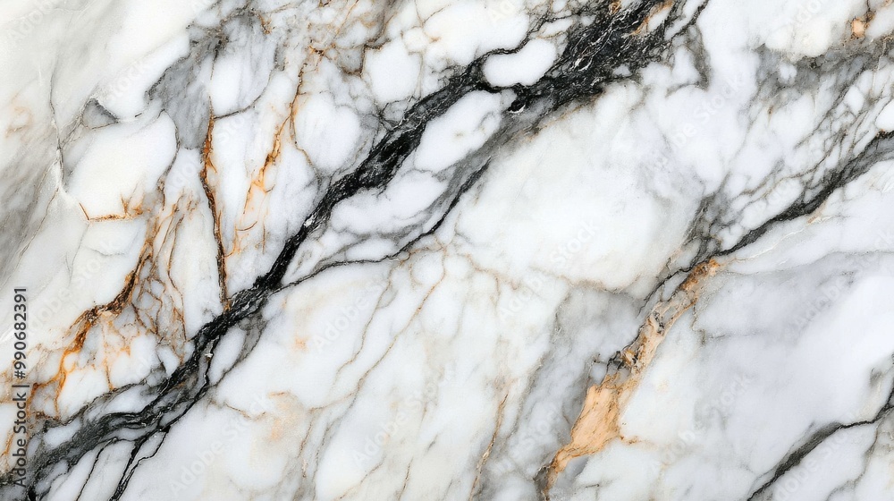 Elegant white marble featuring striking black and gold veining, perfect for interior design or upscale construction projects Elegant white marble featuring striking black and gold veining, perfect for interior design or upscale construction projects