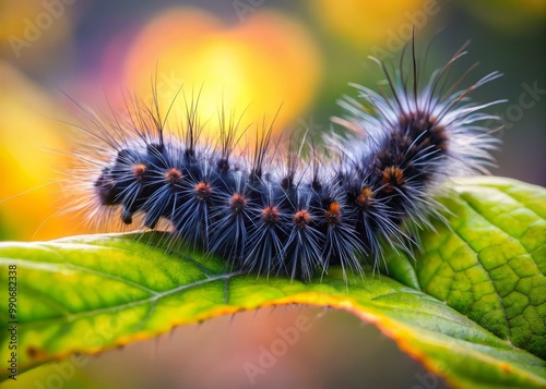 A tiny, fuzzy mass of black fur is in motion on the leaf's surface, its many tiny legs