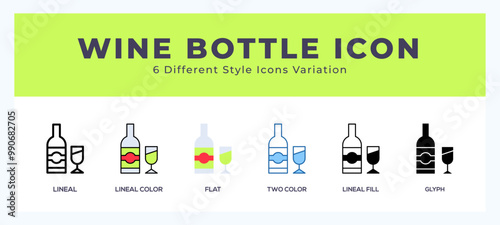 Wine bottle set of icons. Vector illustration with different styles.