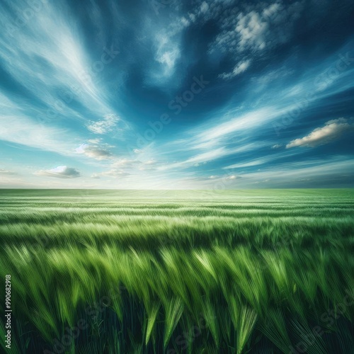 Endless Green Horizon – Serene Landscape Under Blue Sky with Generative AI.