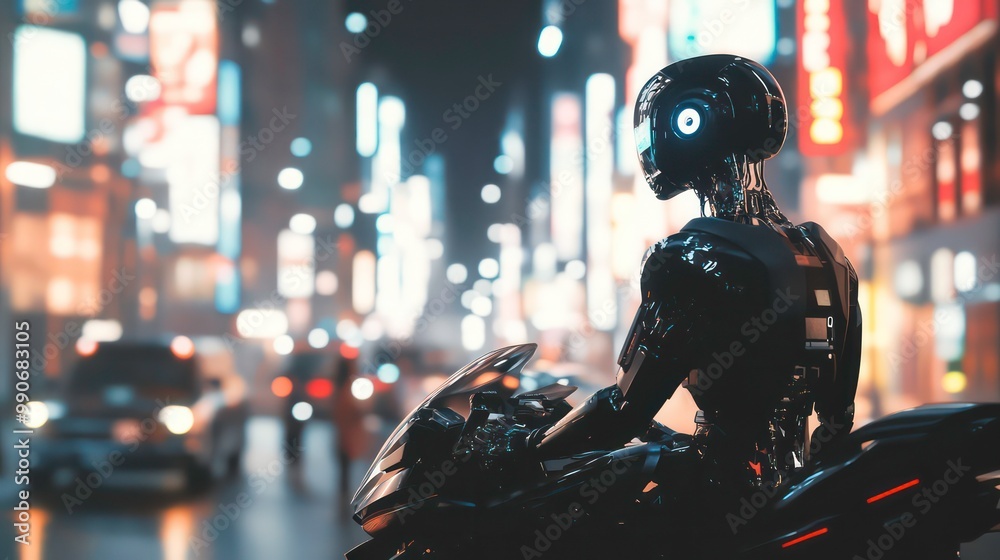 A futuristic robot in a black helmet sits on a black motorcycle in a city at night. A futuristic robot in a black helmet sits on a black motorcycle in a city at night.