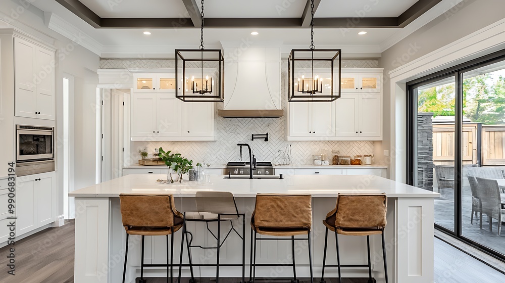Modern Minimalist Kitchen Room with Wooden Table, luxurious Interior Design, Furniture with Background Modern Minimalist Kitchen Room with Wooden Table, luxurious Interior Design, Furniture with Background