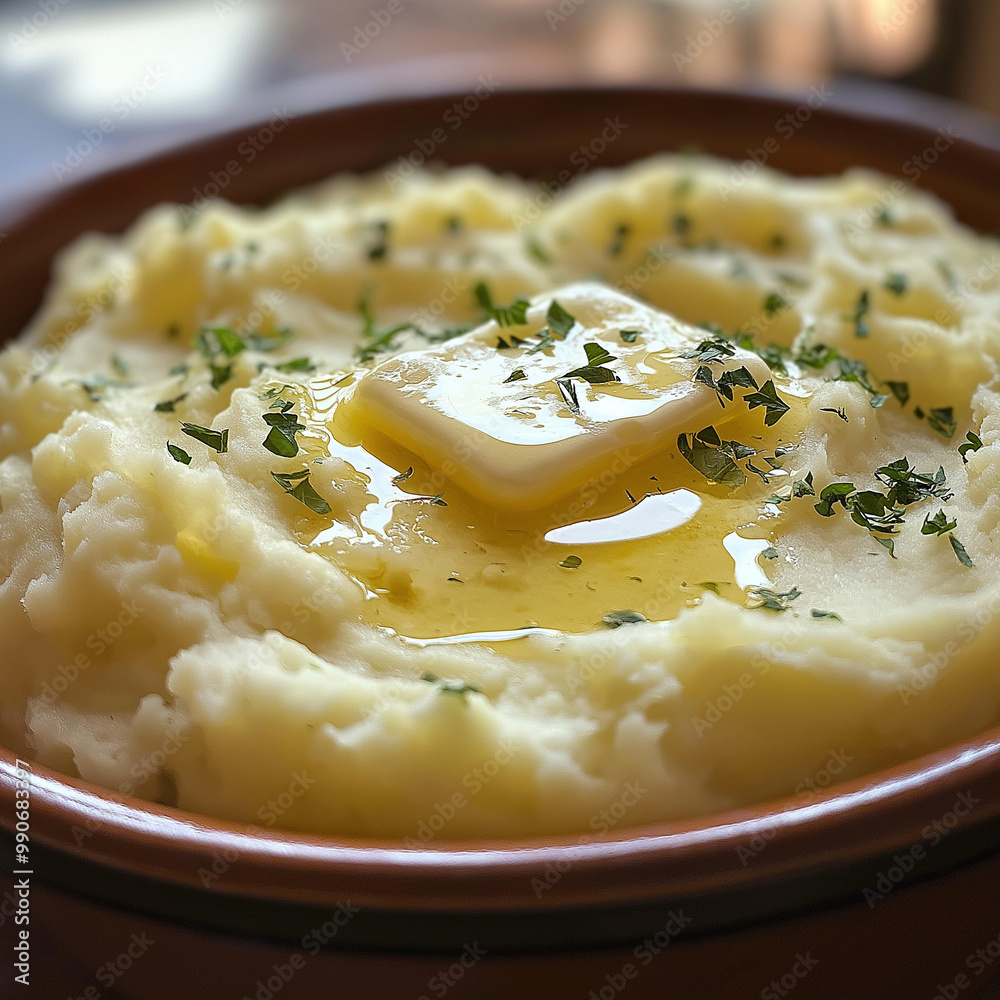 Creamy mashed potatoes with melted butter and herbs, holiday comfort food Creamy mashed potatoes with melted butter and herbs, holiday comfort food