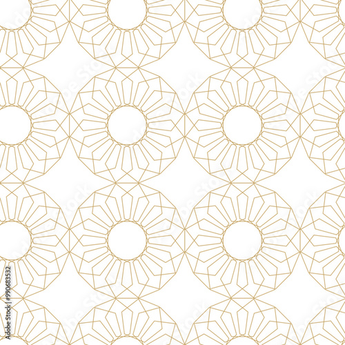 Abstract geometric pattern with crosses, stripes, lines. Seamless vector background. White and gold ornament. Modern reticulated graphic design.