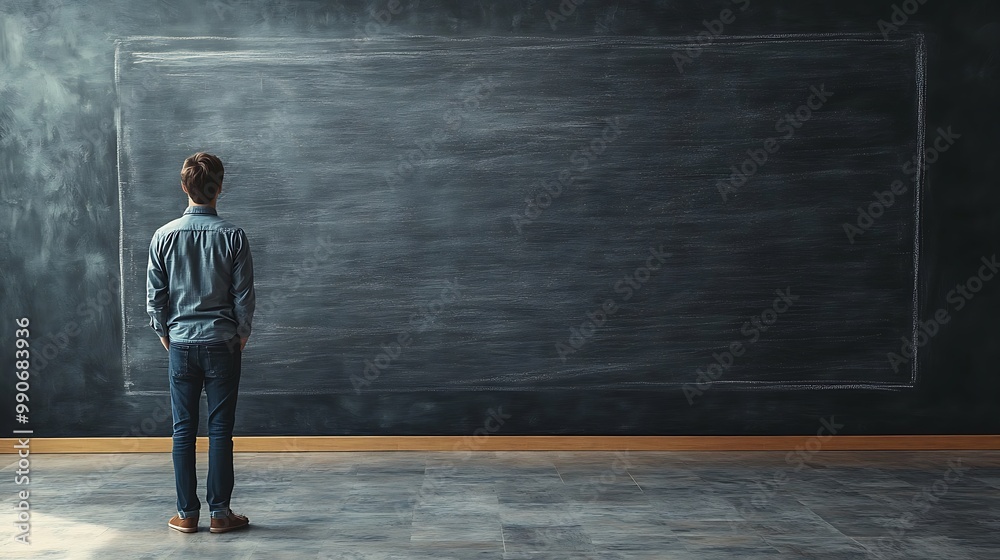 A Man Gazing at a Blank Chalkboard A Man Gazing at a Blank Chalkboard