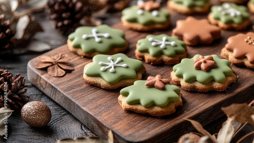 Fototapeta premium Festive Christmas cookies in olive green and terracotta, set on a rustic wooden board for a contemporary, natural holiday scene. Christmas cookies