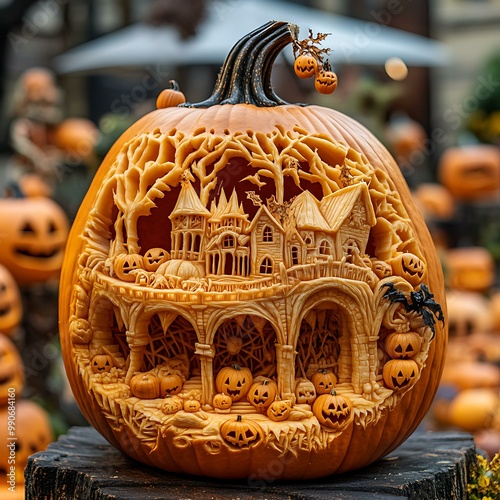 18. A creative pumpkin carving with intricate designs, surrounded by other carved pumpkins in a Halloween-themed art display. photo