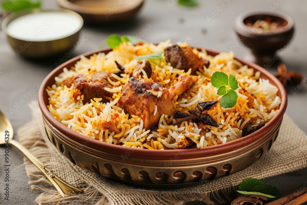 Meat and biryani dish in black bowl suitable for food blogs, restaurant menus, recipe books, food magazines, ethnic cuisine websites. Generative AI