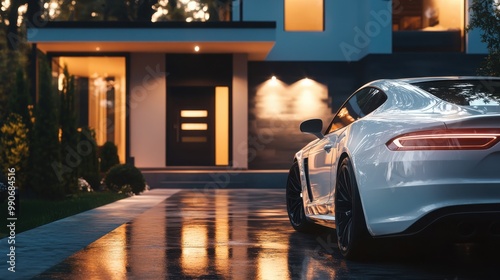 Luxury sports car parked outside a modern home during twilight with reflections on wet pavement photo