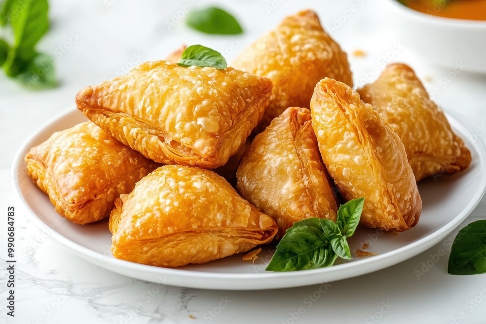 Picture of freshly fried flaky curry puffs in a white dish Asian snack filled with meat and potatoes Thai style Karipap Pusing Picture of freshly fried flaky curry puffs in a white dish Asian snack filled with meat and potatoes Thai style Karipap Pusing