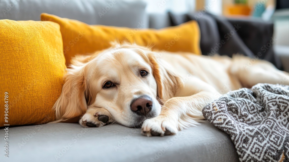 Obraz premium Golden Retriever dog resting on a sofa with yellow and grey throw pillows.