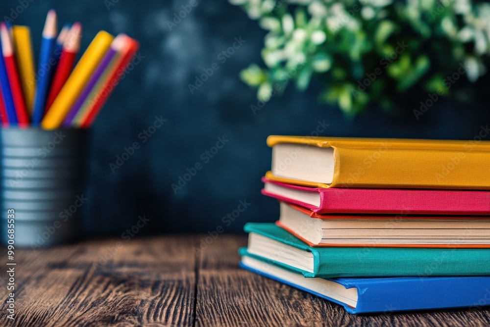 Piled vibrant textbooks on a wooden table Piled vibrant textbooks on a wooden table