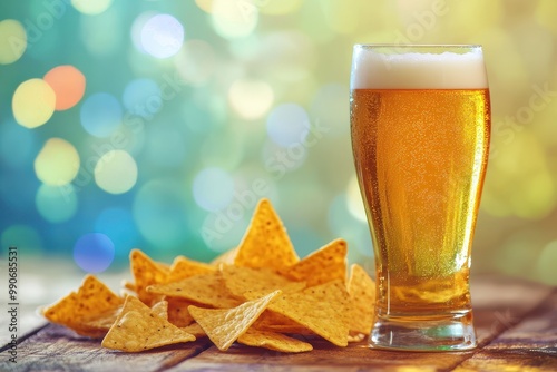 Pilsner beer in a flute with tortilla chips set against a vibrant background