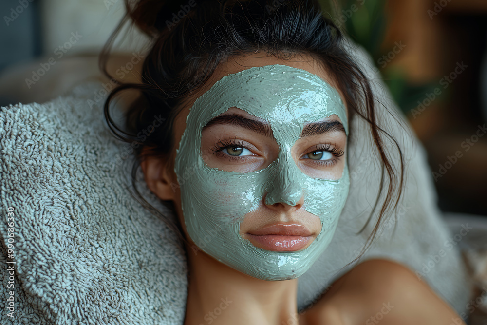 A woman applying a face mask while relaxing in a cozy living room. Concept of self-care and skincare. A woman applying a face mask while relaxing in a cozy living room. Concept of self-care and skincare.