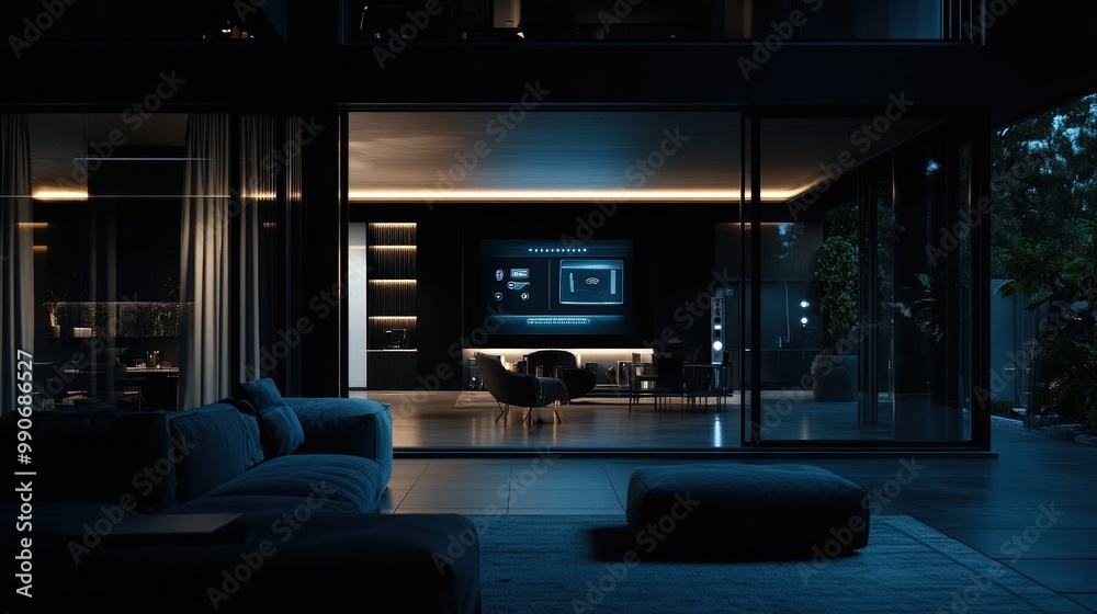 A spacious, modern living area featuring sleek furniture, advanced tech equipment, and ambient lighting, providing a luxurious and futuristic living experience at night. A spacious, modern living area featuring sleek furniture, advanced tech equipment, and ambient lighting, providing a luxurious and futuristic living experience at night.