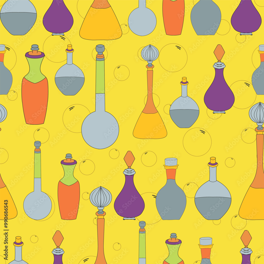 hand drawn potion bottles on bubbly background seamless pattern