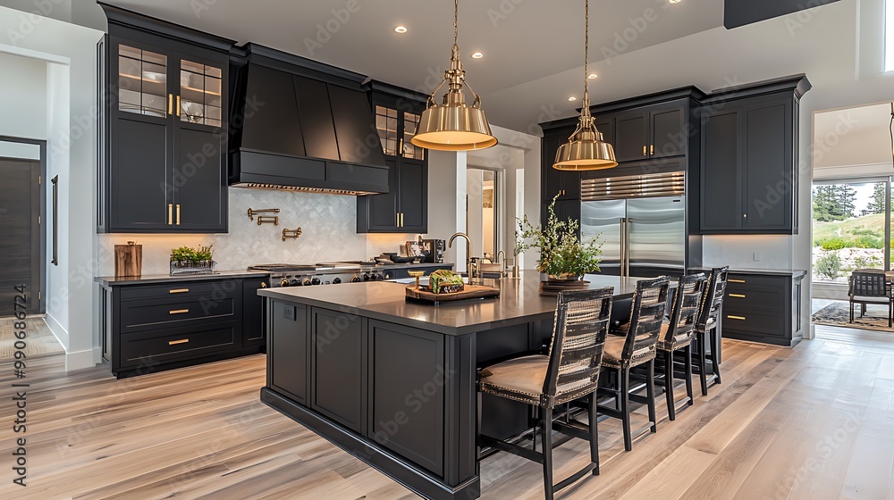 Modern Minimalist Kitchen Room with Wooden Table, luxurious Interior Design, Furniture with Background Modern Minimalist Kitchen Room with Wooden Table, luxurious Interior Design, Furniture with Background