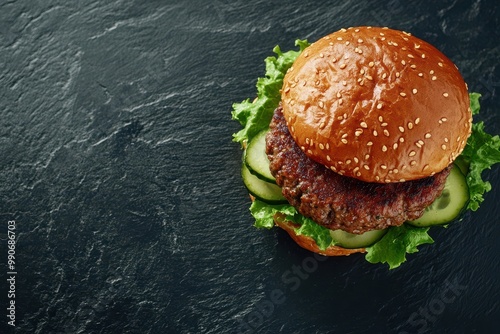 Plant based burger in a bun with lettuce gherkin slices and sauce on black slate Overhead shot with empty space