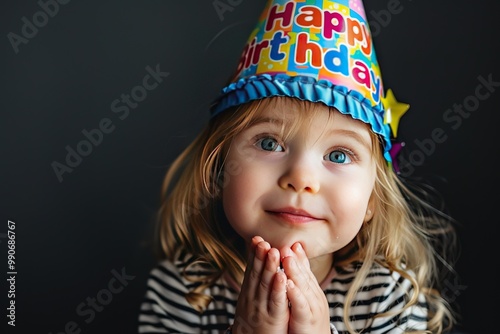 Happy toddler girl kid wishing happy birthday with inscription massage text "Happy Birthday" on black background. Celeberations, Cute little wishes,